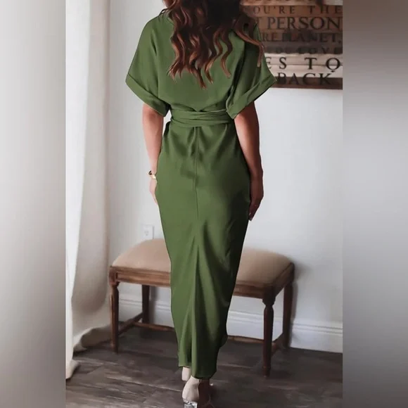 NEW Women Elegant Satin Button Down Short Sleeve Maxi Shirt Dress with Belt - Picture 4 of 9